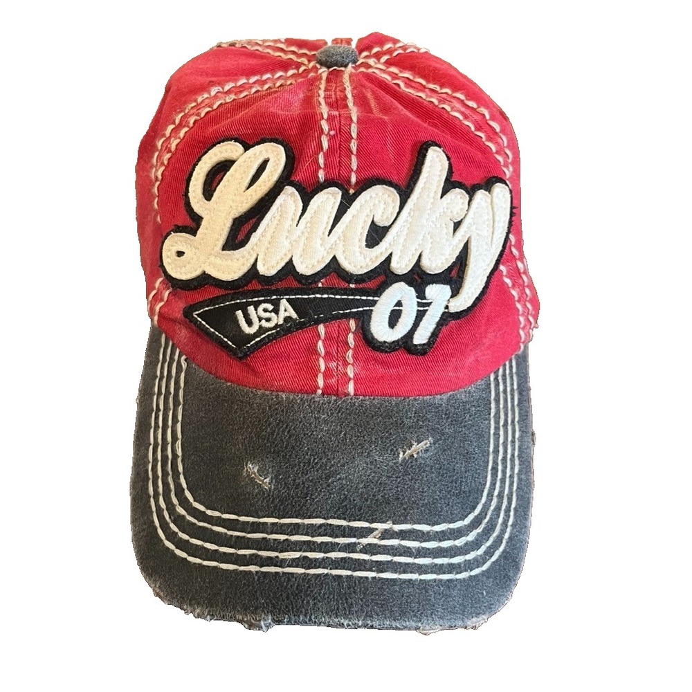 Vintage Distressed Baseball Cap Lucky Retro Classic Sporty Athletic Embroidery